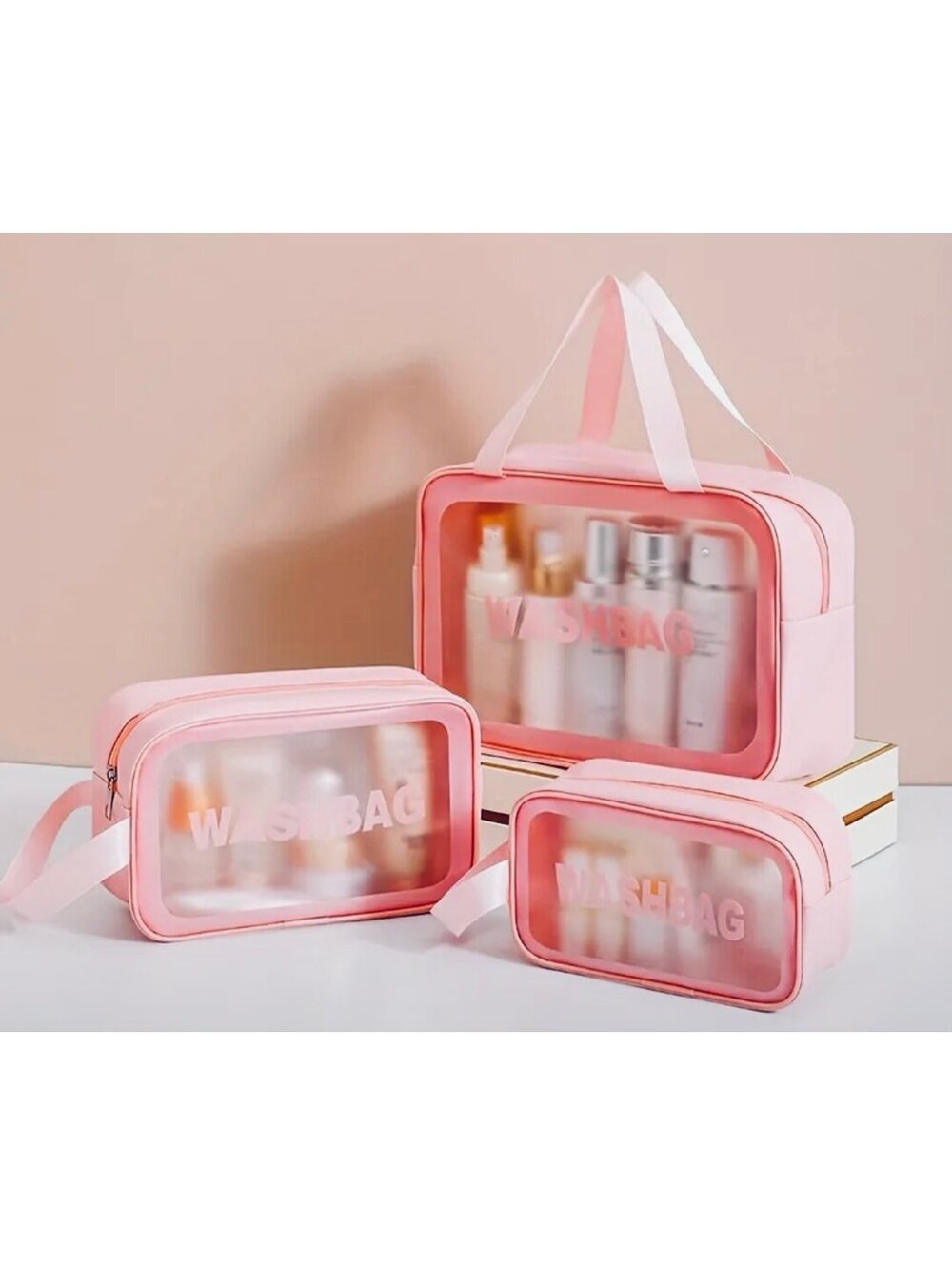 New -3Pcs -Large Capacity Cosmetic /Toiletries Bag Set -Pink /Clear